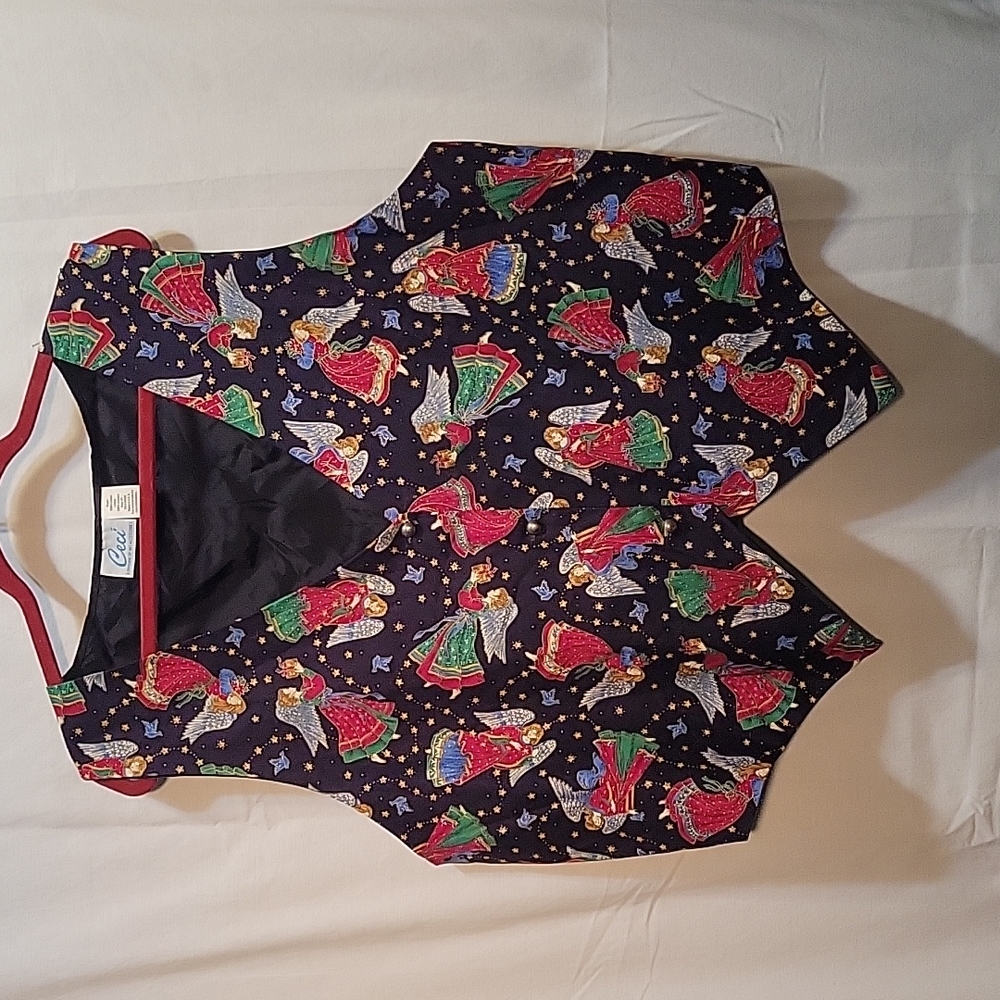 Vintage Ceci Angel Pattern Vest Holiday Gold buttons 2XL